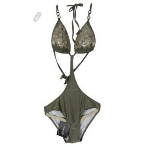 NWT BEACH JOY Swimsuit One-Piece S Sequins Gems-Rings Shimmer-Olive/Grey Padded